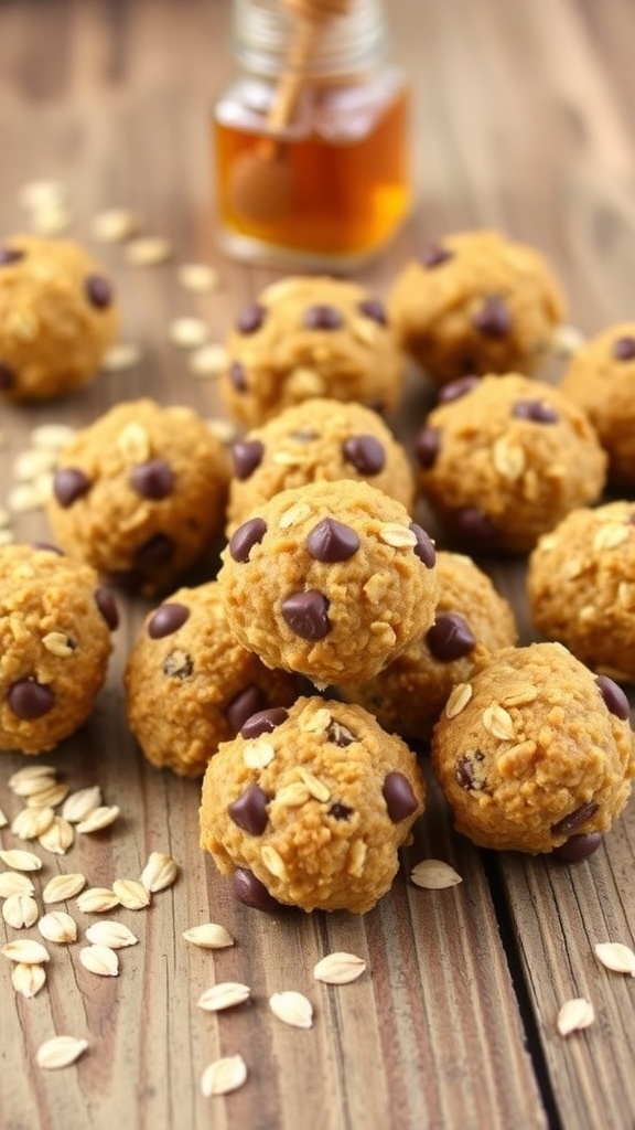 No-Bake Oatmeal Energy Balls Recipe No-bake oatmeal energy balls with chocolate chips on a wooden surface, with oats and honey in the background.